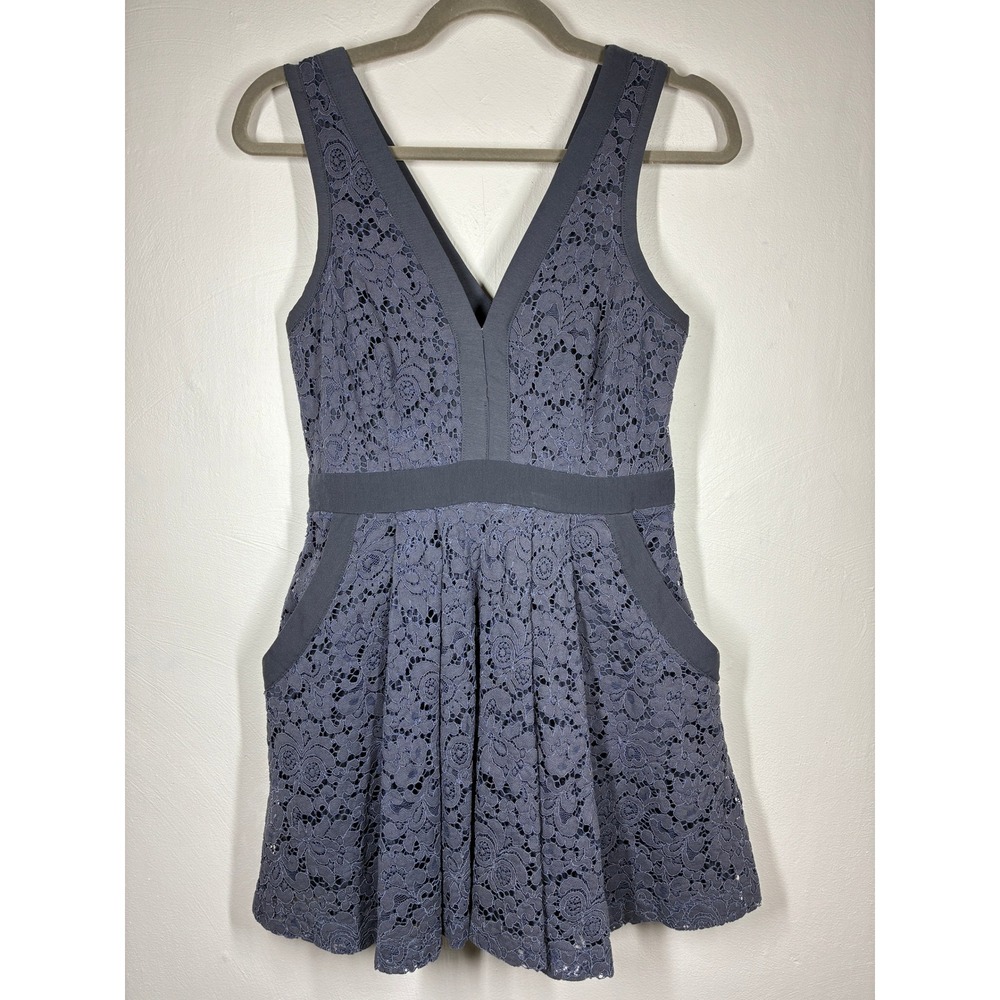 Free People Lovely in Lace Mini Dress XS Fit Flare OB444417 Slate Gray Pockets